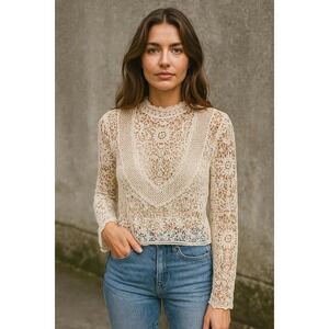 Ultra‎ Pink Shirt Women S Cream Crochet Lace Mock Neck Open Knit Boho Festival